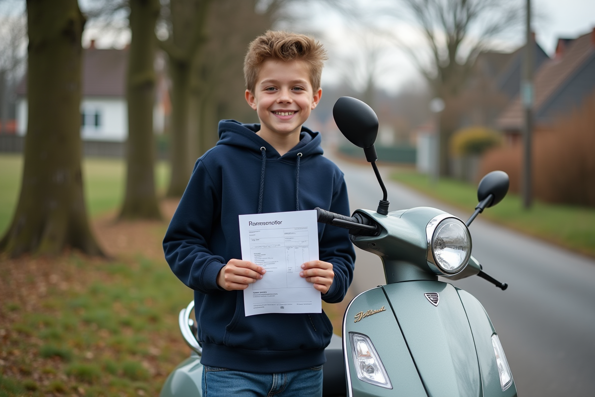 Jeune garçon souriant avec scooter et papier d'immatriculation
