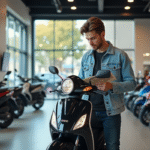 Jeune homme étudiant une moto 50cc dans un showroom moderne