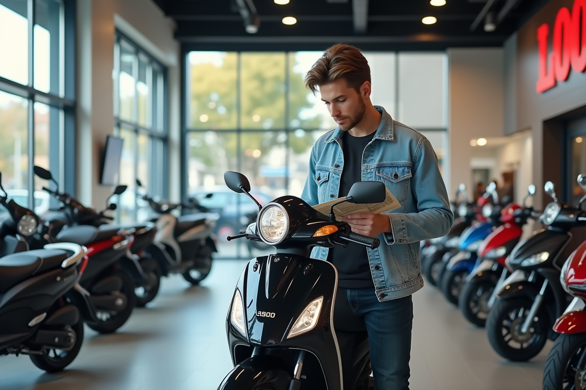 Jeune homme étudiant une moto 50cc dans un showroom moderne