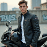 Jeune homme en moto moderne avec casque dans la ville