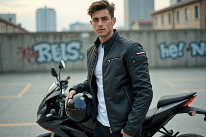 Jeune homme en moto moderne avec casque dans la ville