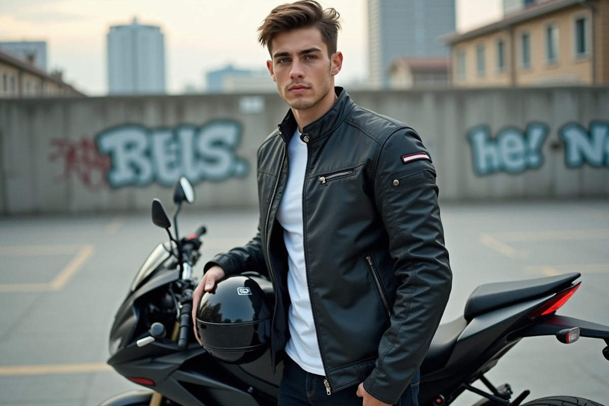 Jeune homme en moto moderne avec casque dans la ville