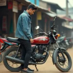 Jeune homme inspectant une Yamaha 125 TZR dans un quartier