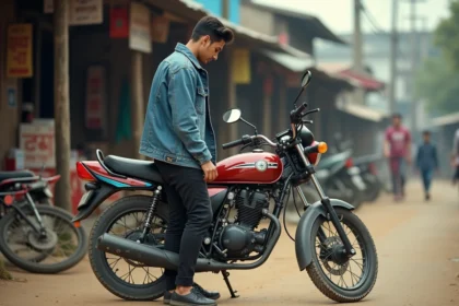 Jeune homme inspectant une Yamaha 125 TZR dans un quartier