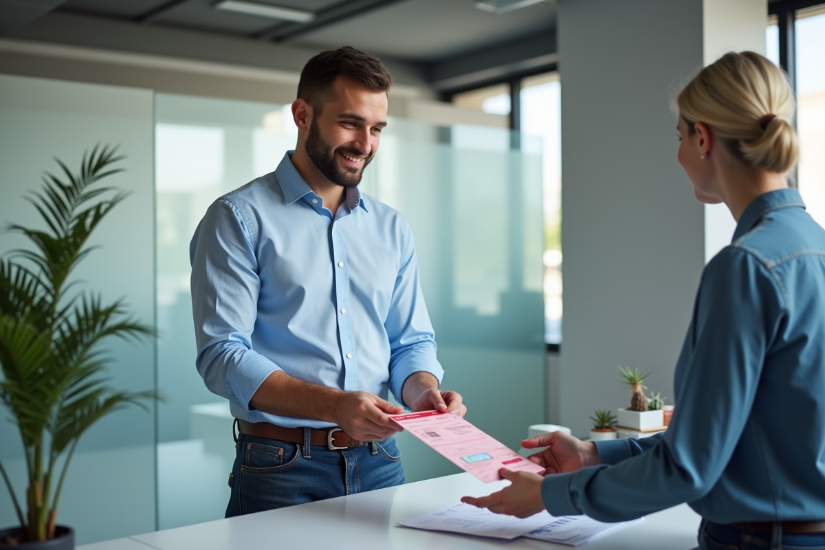 Jeune homme français remettant son permis à un agent administratif