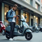 Jeune homme avec scooter neuf devant concession