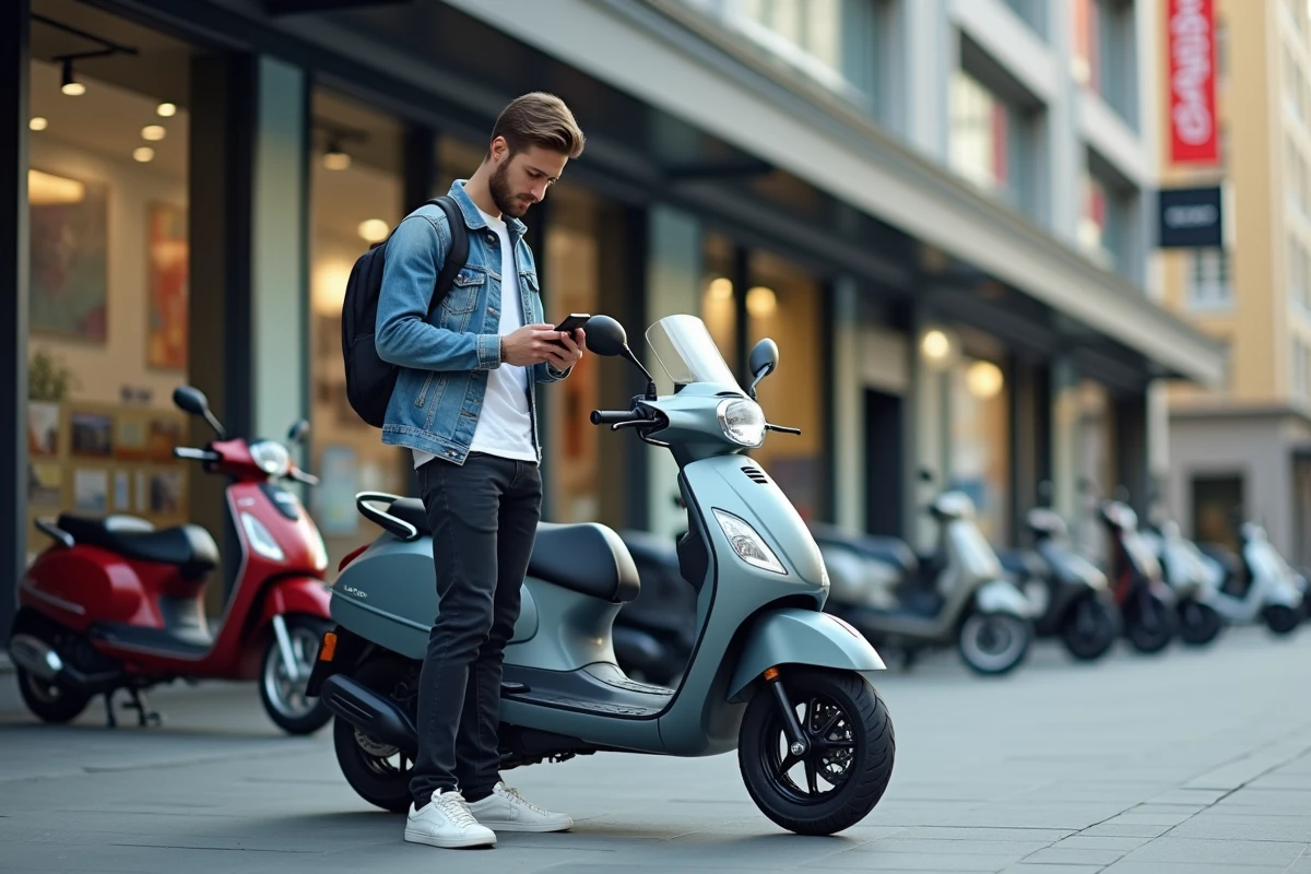 Jeune homme avec scooter neuf devant concession