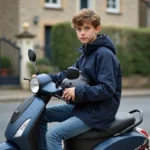 Jeune garçon français en scooter devant maison résidentielle