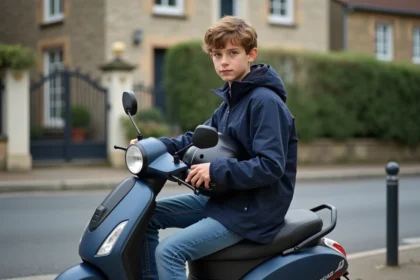 Jeune garçon français en scooter devant maison résidentielle