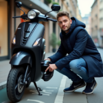 Jeune homme en parka sécurise son scooter en ville