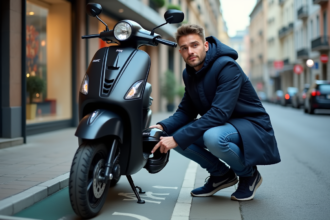 Jeune homme en parka sécurise son scooter en ville