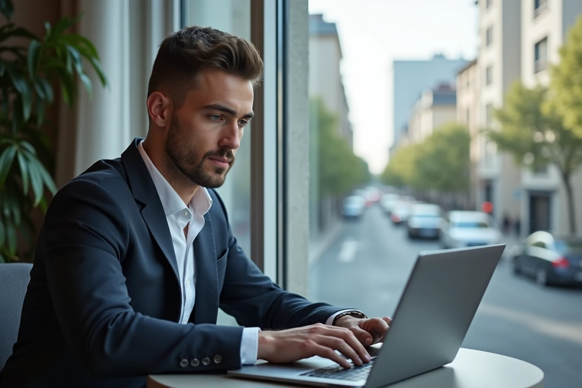 Jeune homme en intérieur travaillant sur son ordinateur