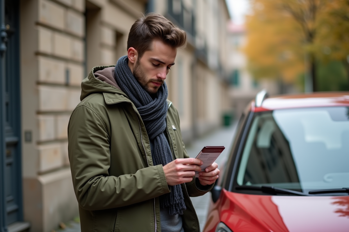 Jeune homme examinant sa licence de conduire devant une voiture