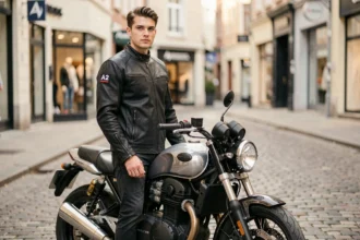 Jeune motard avec permis A2 debout à côté de sa moto dans une rue urbaine pavée