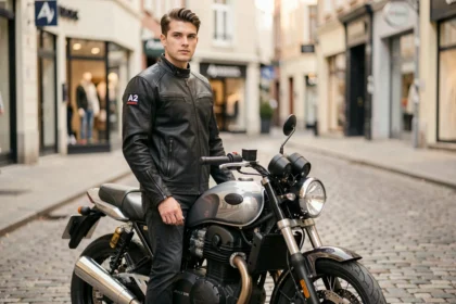 Jeune motard avec permis A2 debout à côté de sa moto dans une rue urbaine pavée