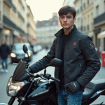 Jeune homme en moto dans une rue urbaine française