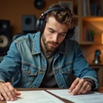 Musicien homme en studio avec contrat musique