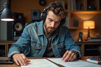 Musicien homme en studio avec contrat musique