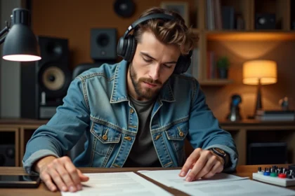 Musicien homme en studio avec contrat musique