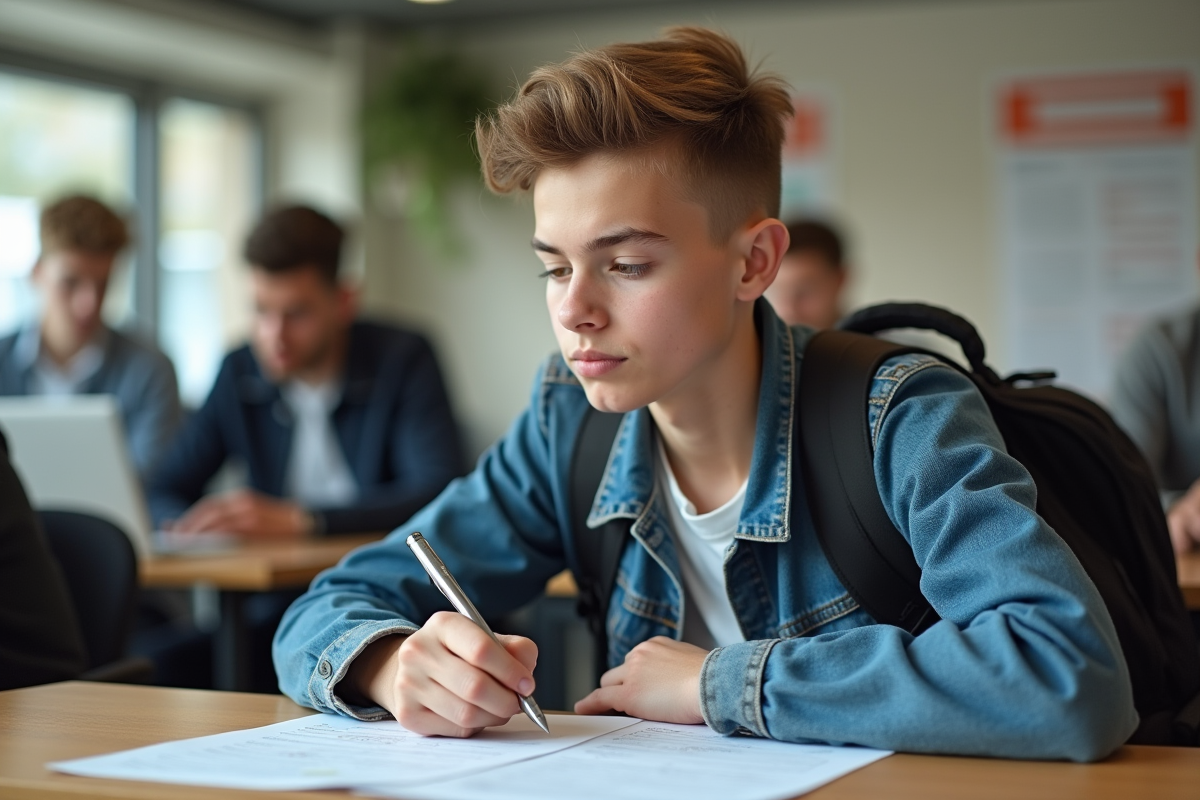 Adolescent français en bureau de formation scooter
