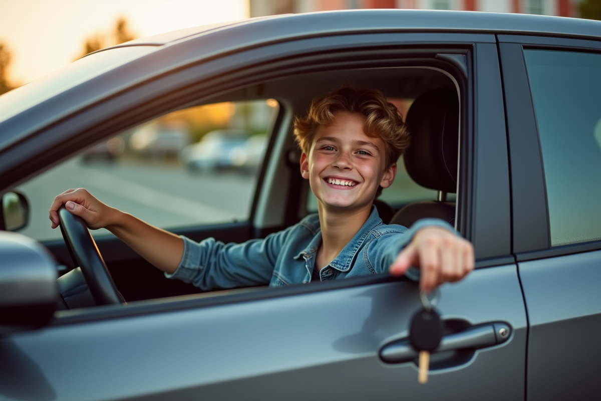 Adolescent heureux recevant les clés de la voiture au matin
