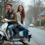 Deux adolescents souriants sur un scooter en ville