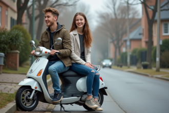 Deux adolescents souriants sur un scooter en ville