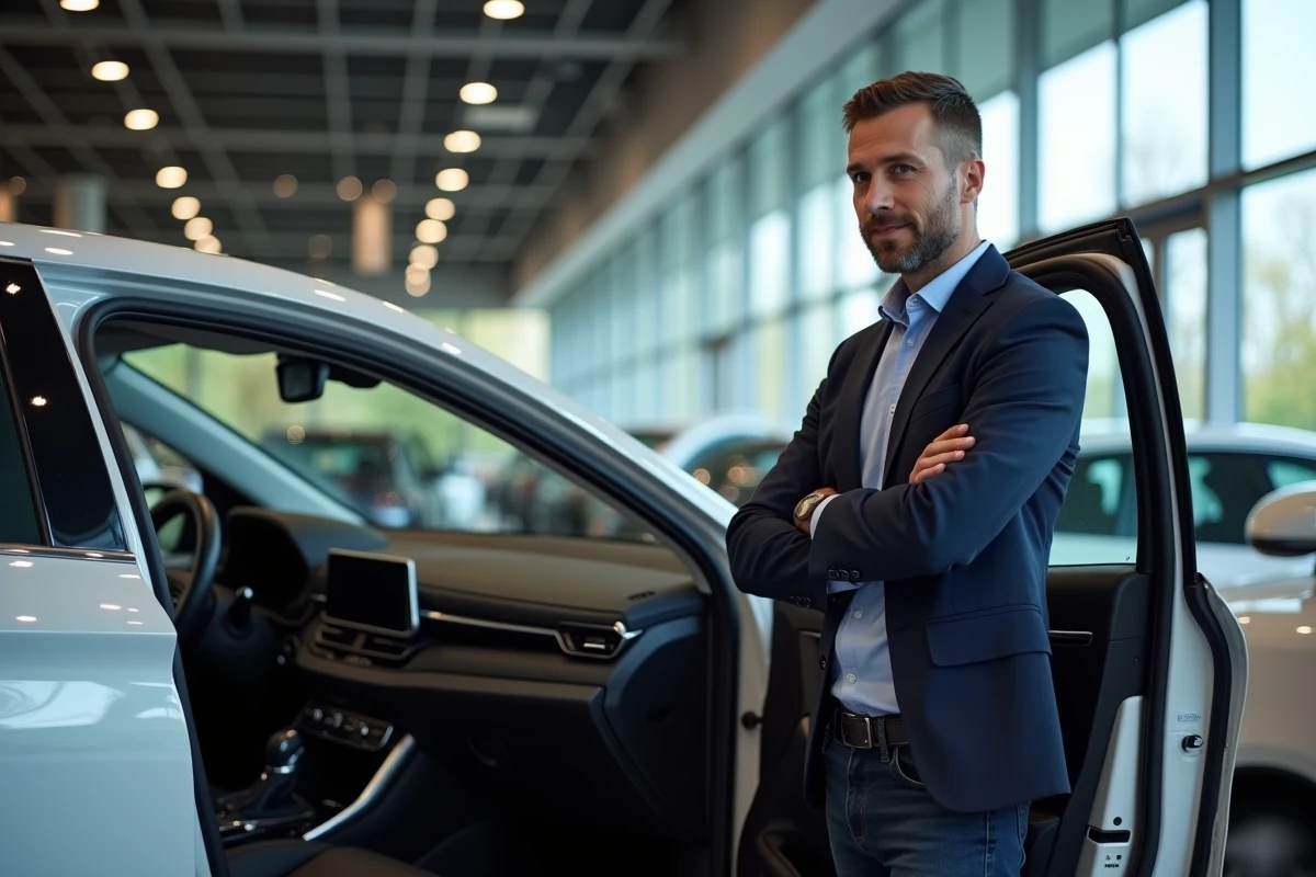 Journaliste automobile examinant l'intérieur d'une voiture hybride dans une concession française en 2026