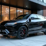 Lamborghini Urus noir métallique garé devant une concession automobile de luxe moderne
