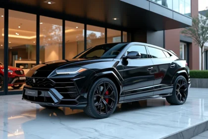 Lamborghini Urus noir métallique garé devant une concession automobile de luxe moderne