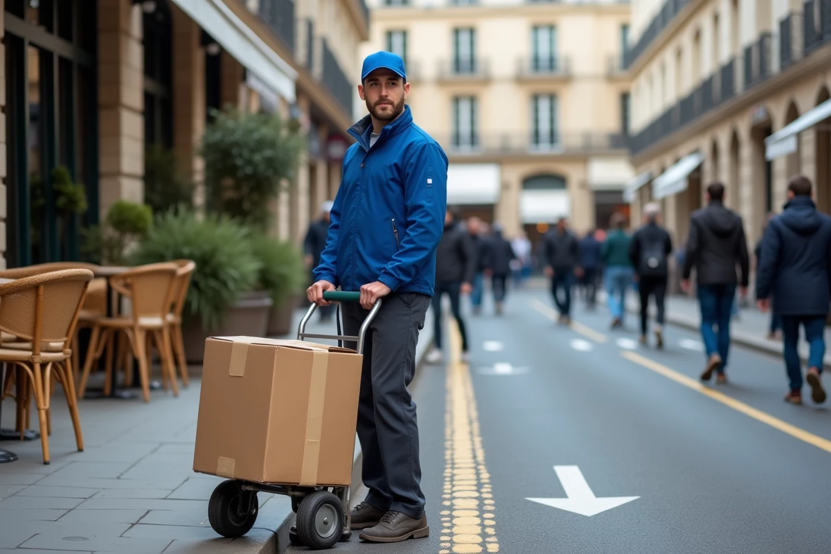 Livreur parisien déchargeant des colis sur une place de livraison balisée par des pointillés au sol