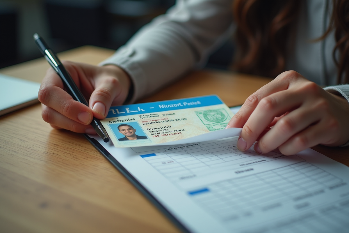 Mains tenant permis moto sur table avec papiers
