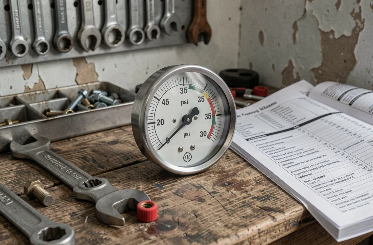 Manomètre analogique affichant 35 psi sur un établi de garage entouré d'outils de mécanicien