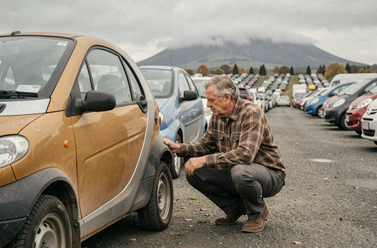Homme inspectant une voiture sans permis d'occasion dans un marché automobile en plein air dans le Puy-de-Dôme