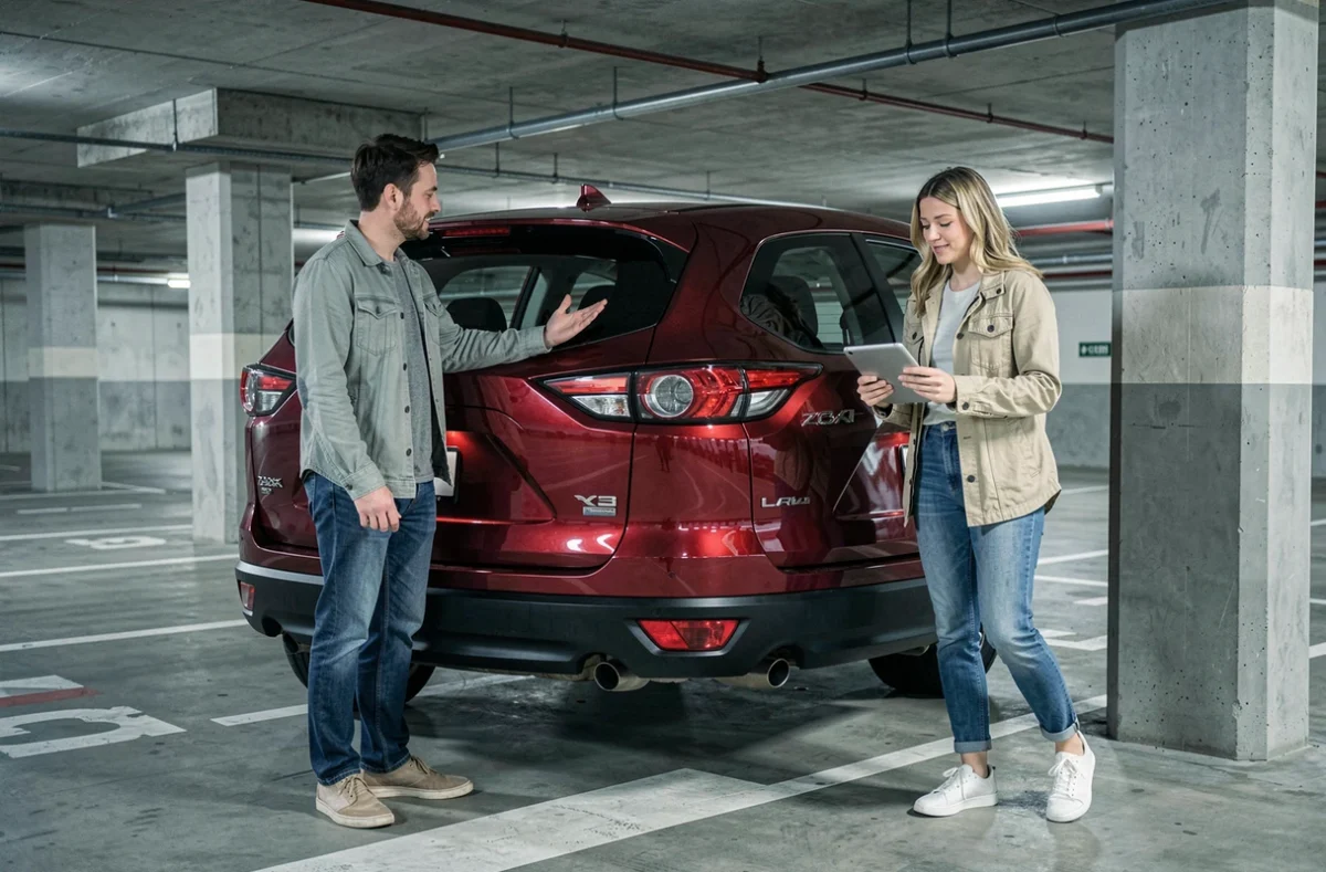 Couple comparant les versions du Mazda CR-V 5 dans un parking urbain en 2026