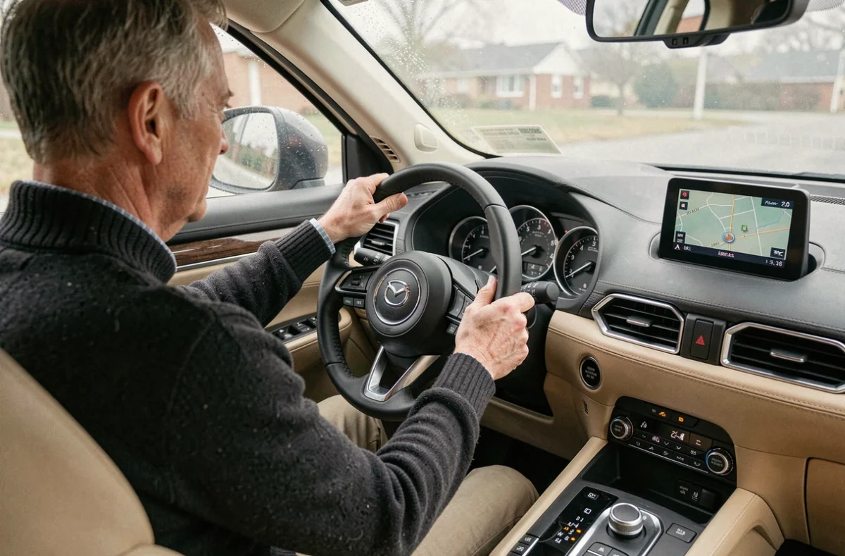 Intérieur du Mazda CR-V 5 avec tableau de bord technologique et finitions premium vus depuis le siège passager