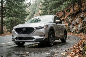 Mazda CR-V 5 en version argent garé sur une route de montagne sinueuse entouré de sapins