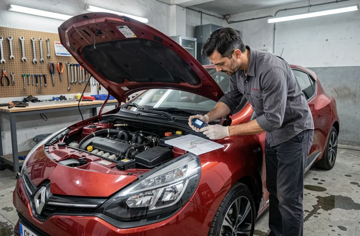 Mécanicien inspectant le calculateur anti-démarrage d'une Renault Clio 2 dans un atelier de réparation automobile