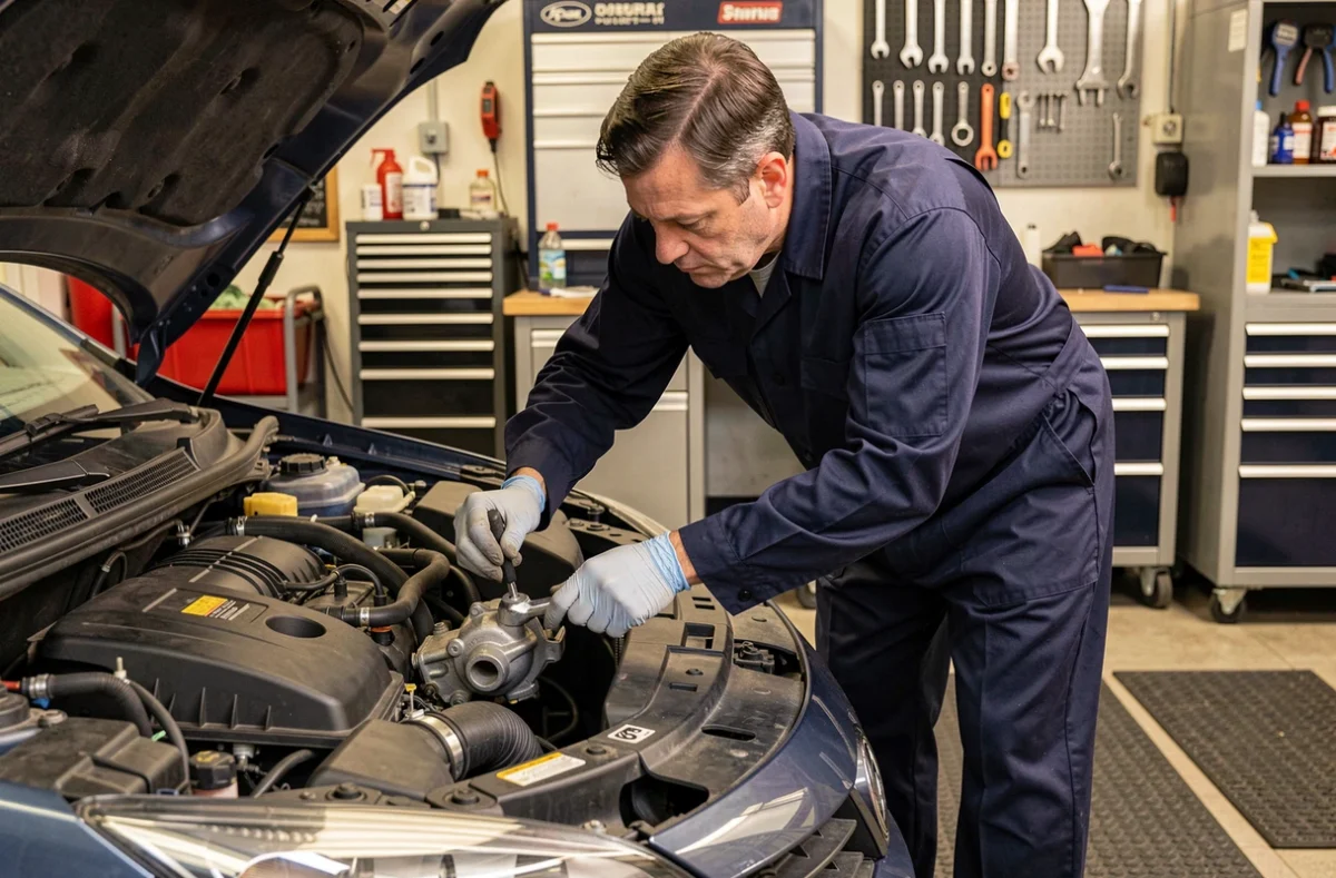 Mécanicien professionnel en train de déposer une vanne EGR sur moteur 1.6 HDi dans un garage automobile