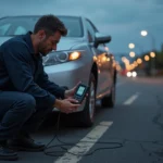 Mécanicien diagnostiquant une panne du système ESP sur une berline argentée dans un parking avec un scanner OBD