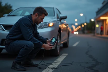 Mécanicien diagnostiquant une panne du système ESP sur une berline argentée dans un parking avec un scanner OBD