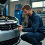 Mécanicien professionnel diagnostiquant une perte de puissance sur une Peugeot avec un outil OBD dans un garage automobile