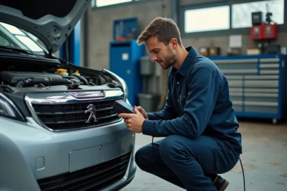 Mécanicien professionnel diagnostiquant une perte de puissance sur une Peugeot avec un outil OBD dans un garage automobile
