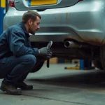 Mécanicien inspectant le système antipollution sous une Peugeot 207 dans un garage automobile