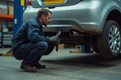 Mécanicien inspectant le système antipollution sous une Peugeot 207 dans un garage automobile