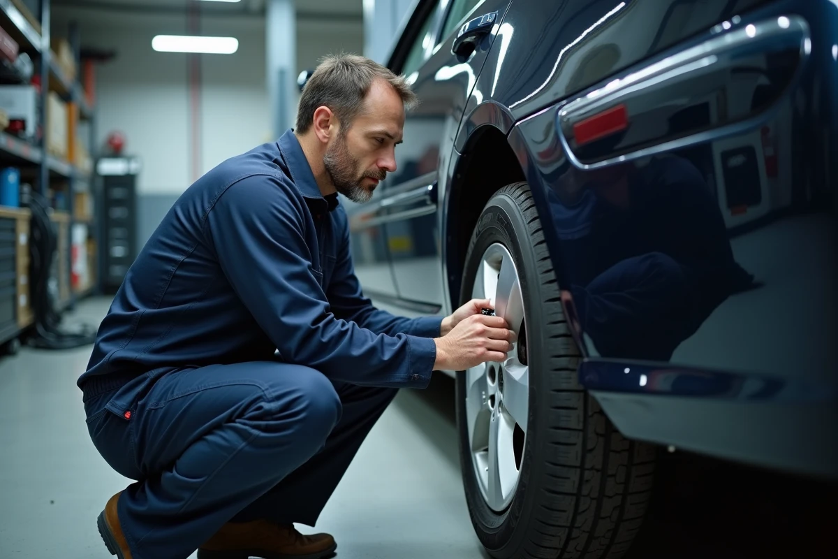 Mécanicien inspectant l'usure d'un pneu dans un atelier automobile professionnel pour estimer le kilométrage restant