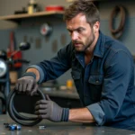 Mécanicien moto mesurant une durite aviation noire tressée avec des banjos sur établi d'atelier