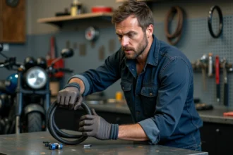 Mécanicien moto mesurant une durite aviation noire tressée avec des banjos sur établi d'atelier