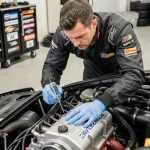 Mécanicien inspectant un moteur de compétition avec un thermomètre numérique dans un garage de course professionnel