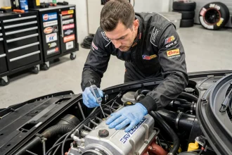 Mécanicien inspectant un moteur de compétition avec un thermomètre numérique dans un garage de course professionnel